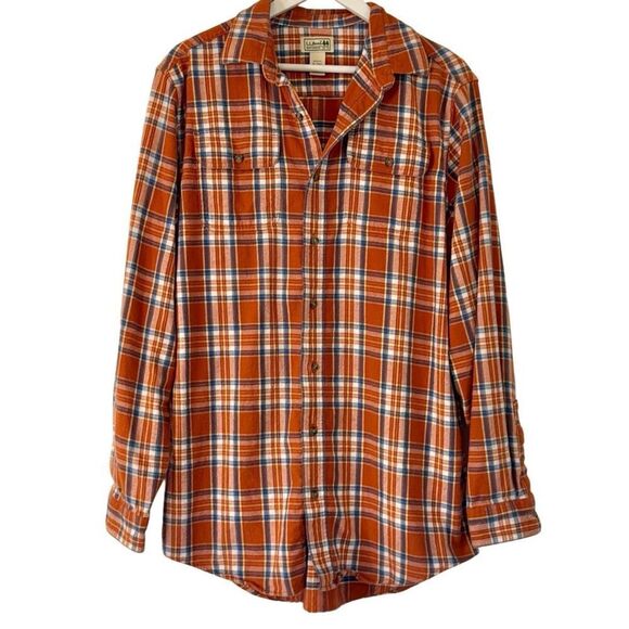 L.L. Bean orange plaid flannel 100% cotton button down medium tall - Picture 1 of 7